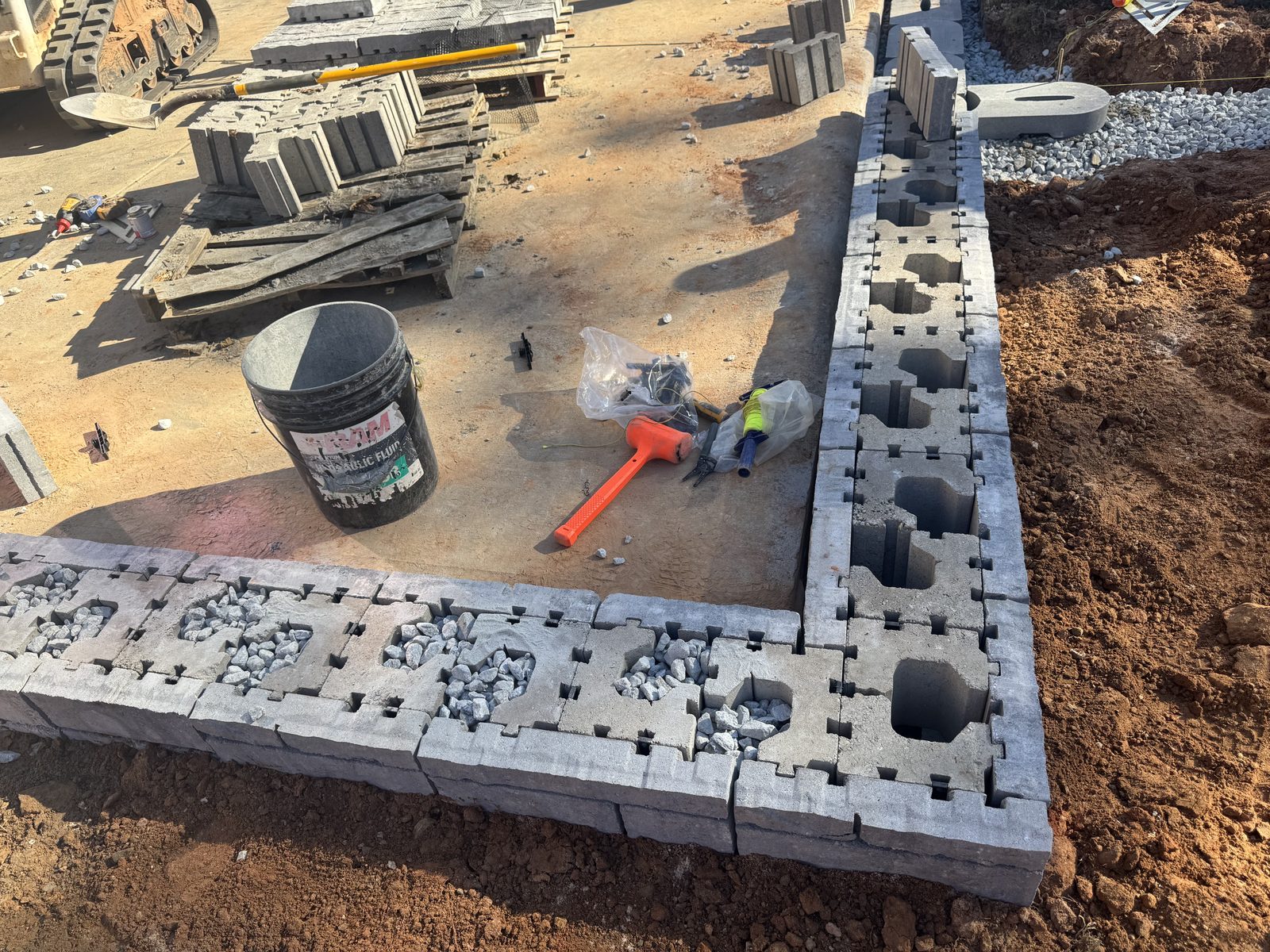 Retaining wall block layout in progress